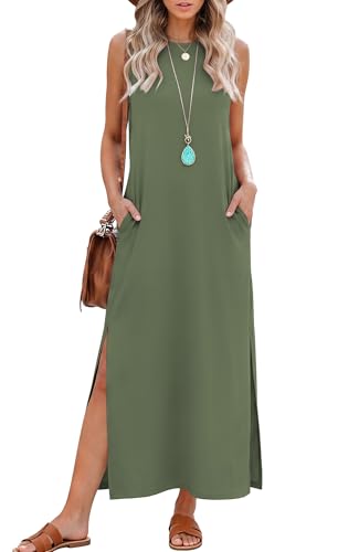 RUMIA Womens Summer Dresses Sleeveless Long Dress with Pockets - color: Army, size: Medium