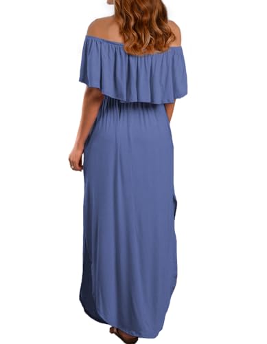 VERABENDI Women's Off Shoulder Summer Casual Long Ruffle Beach Maxi Dress with Pockets - color: Beja Blue, size: Medium