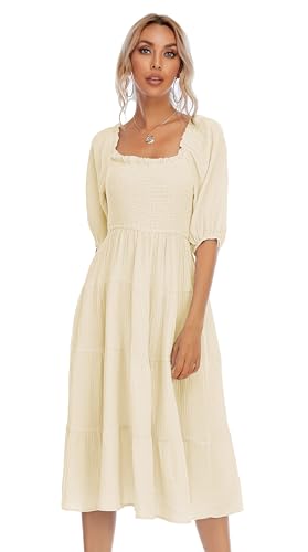 R.Vivimos Women's Cotton Off-Shoulder A-Line Midi Dresses - color: Beige, size: Small