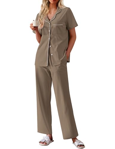Ekouaer Women's Cotton Pajamas Set Short Sleeve Button Down Pjs with Pants - color: Brown, size: Medium