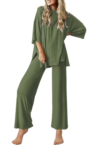 Ekouaer Lounge Sets for Women Soft Comfy Pajama Set 2 Piece Outfits - color: Army Green, size: Small