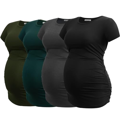 Smallshow Women's 4 Pack Maternity Shirts Short Sleeve Pregnancy Tops Clothes - color: Army Green-black-deep Green-deep Grey(4 Pack), size: Large