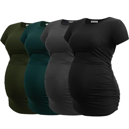 Smallshow Women's 4 Pack Maternity Shirts Short Sleeve Pregnancy Tops Clothes - color: Army Green-black-deep Green-deep Grey(4 Pack), size: Large