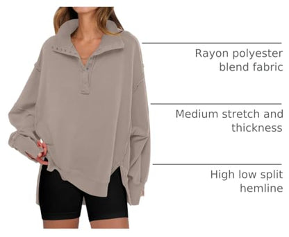 ANRABESS Sweatshirt for Women Oversized Casual Fall Henley Pullover Top - color: Khaki, size: Medium