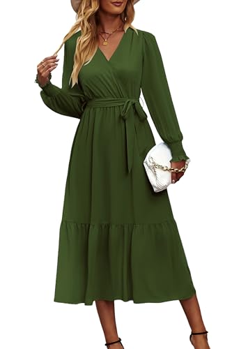 PRETTYGARDEN Women's Floral Boho Long Sleeve Maxi Dress - color: Solid Army Green, size: X-Large