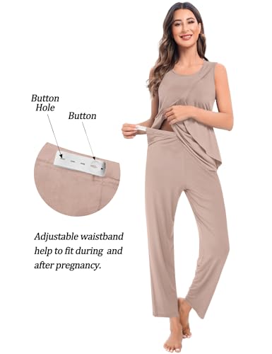 SWOMOG Maternity Nursing Robe Set 3 PCS Postpartum Breastfeeding Pajamas Hospital Pregnancy Pjs Double Layer Lounge Set - color: Light Brown, size: X-Large