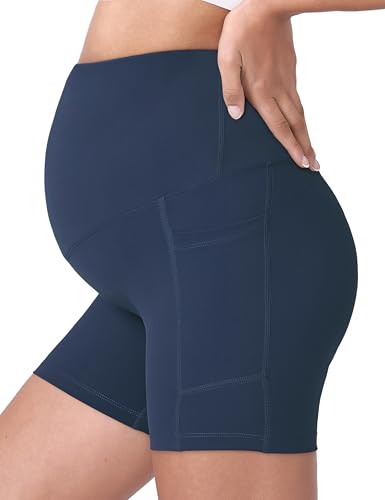POSHDIVAH Maternity Biker Shorts Over the Belly with Pockets 5"/8" - color: Navy Blue, size: Large