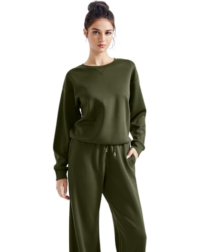 SUUKSESS Women 2 Piece Outfits Fall Oversized Sweatshirt Wide Leg Pants - color: Army Green, size: Medium