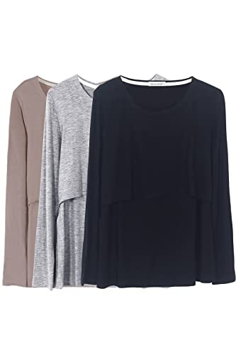 Smallshow Women's Nursing Tops Long Sleeve Breastfeeding Shirts 3 Packs - color: Black-brown-light Grey(3 Packs), size: Medium