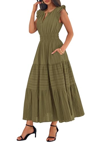 BTFBM Womens Summer Casual Ruffle Sleeve Maxi Dress - color: Army Green, size: Medium