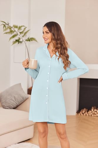 Ekouaer Womens Nightgown Long Sleeve Nightshirt Soft Button Down Sleepshirt - color: Light Blue, size: XX-Large