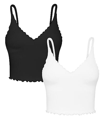 Sunzel 2 Pack Women's V Neck Ribbed Camisole Tank Tops with Ruffle Trim - color: Black & White, size: Large-X-Large