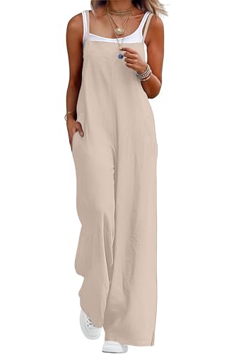 Lepunuo Womens Casual Loose Jumpsuits Summer Boho Wide Leg Rompers Sleeveless Overalls with Pockets - color: A - Apricot, size: Medium