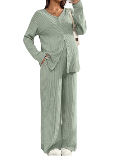 BLENCOT Maternity Lounge Set 2 Piece Long Sleeve Top and Pants with Pockets - color: Light Green, size: Medium