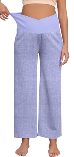 Women's Maternity Wide Leg Pants with Crossover Waist and Pockets - color: Blue, size: Medium