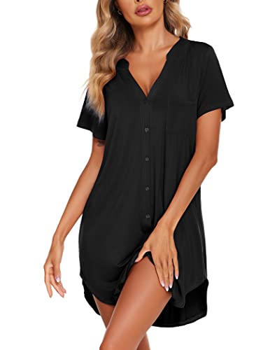 Ekouaer Nightgowns for Women Button Down Sleepshirts V Neck Sleep Dress - color: Black, size: Medium