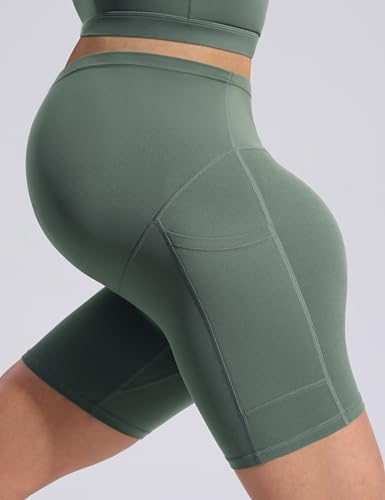 POSHDIVAH Creamluxe Maternity Biker Shorts with Pockets 6"/8" - color: Olive Mist, size: X-Large