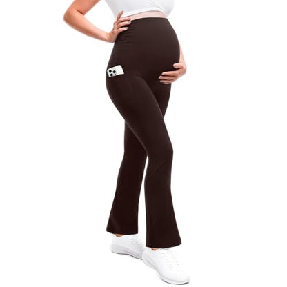 Leafigure Maternity Flare Leggings with Pockets - color: Brown, size: Medium
