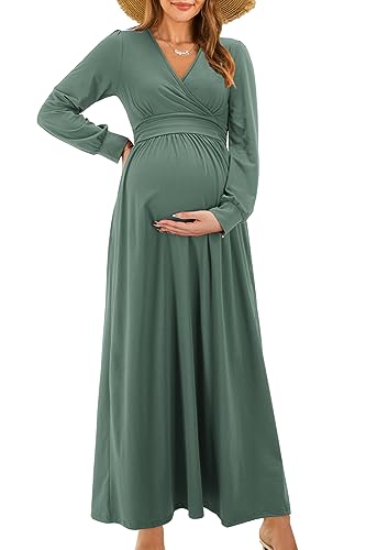 OUGES Women's Wrap Pregnancy Maxi V Neck Fall Baby Shower Maternity Dress - color: Gray Green, size: Medium