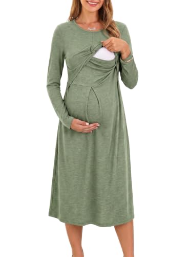 BLENCOT Maternity Nursing Midi Dress Twist Knot Pull Up Feed Postpartum - color: Grass Green, size: Medium