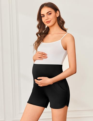 Ekouaer 3 Pack Maternity Shorts with Pockets Pregnancy Stretchy Pajama - color: Black/Black/Navy Blue, size: Small