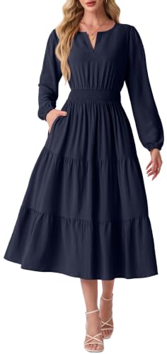 GRECERELLE Casual Fall Dresses for Women Long Sleeve Wedding Guest Dresses - color: Navy Blue, size: Large