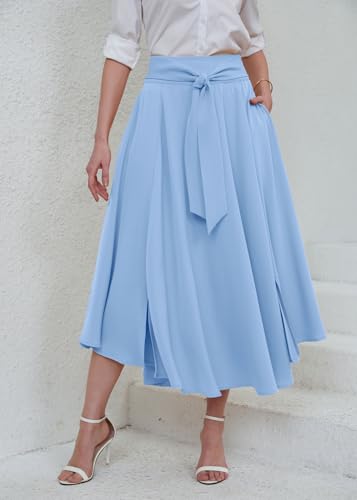 chouyatou Women's Elegant High Waisted Side Slit Irregular Bohemian Maxi Skirt with Pockets - color: Light Blue, size: Medium