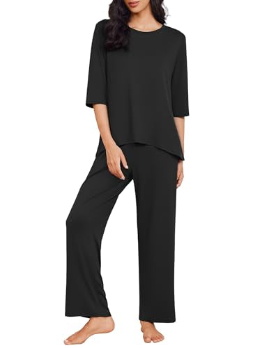 Ekouaer Womens Pajamas Set 2 Piece 3/4 Sleeve Tops Long Pants Pj Set - color: Black, size: Medium