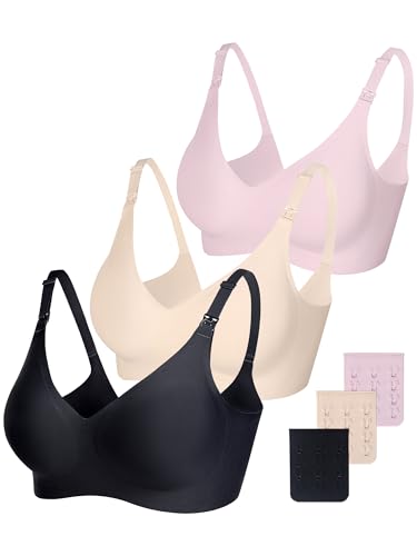 Vinfact Smooth Nursing Bras for Breastfeeding Seamless Maternity Bras for Pregnancy Wireless Bralette with Extra Bra Extender - color: 3pcs(black+beige+pink), size: XX-Large