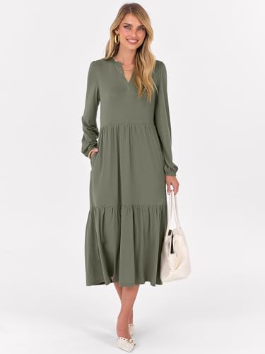 ANRABESS Women's Long Sleeve Fall Flowy Boho Maxi Dresses - color: Olive Green, size: Small