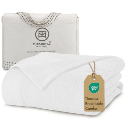 Threadmill Luxury 100% Cotton Queen Herringbone Blanket, Bright White - color: Bright White, size: Queen (90" x 92")