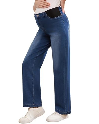 Women's Maternity Jeans, Mid-Rise Adjustable Waist, Relaxed Straight Leg Stretch Pants for Pregnancy and Postpartum - color: Dark Blue, size: Medium