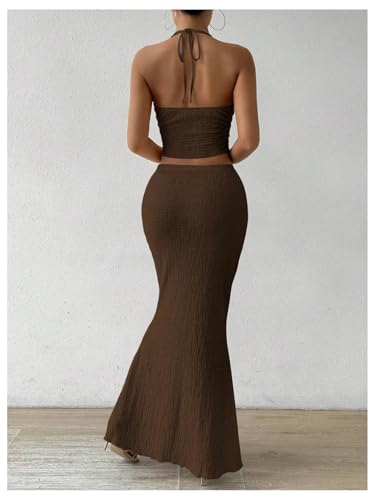 SOLY HUX Women's 2 Piece Outfit Twist Front Halter Cami Skirt Summer Set - color: Plain Brown, size: X-Large