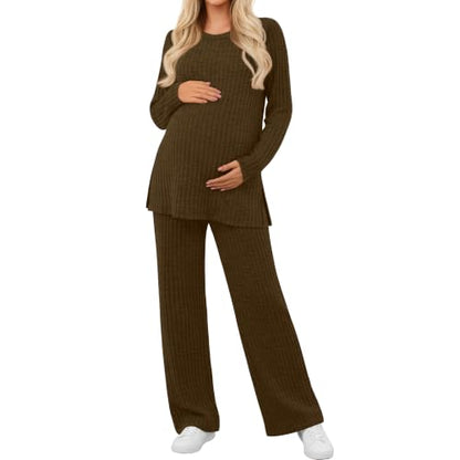 Women's 2 Piece Maternity Ribbed Pajama Outfit - color: Brown, size: Small