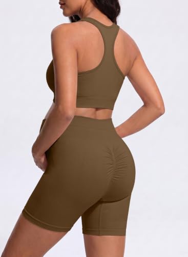 BLENCOT Maternity Workout Sets Pregnancy Yoga Ribbed Tank Tops with Bra - color: Brown, size: Medium