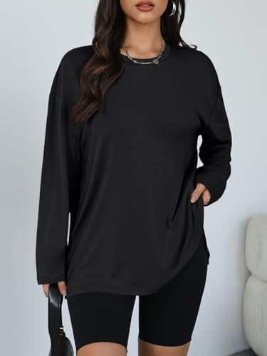 Trendy Queen Womens Oversized Side Slit Long Sleeve Shirts Fall Tops - color: Black, size: Large