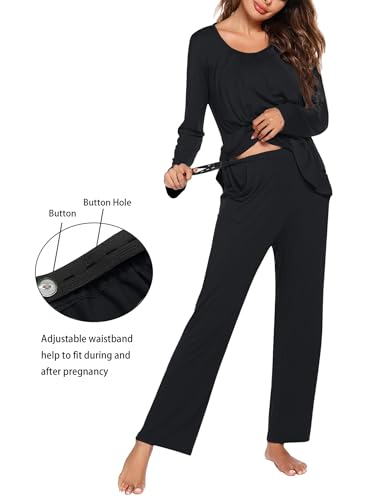Ekouaer Maternity Nursing Pajama Set Long Sleeve Breastfeeding Sleepwear - color: A Black, size: Medium
