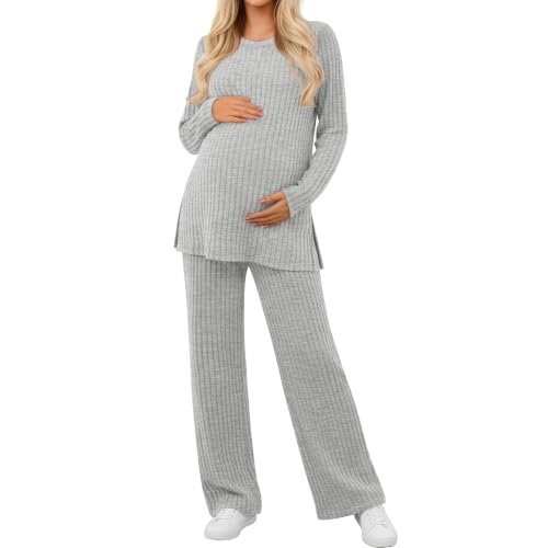 Women's 2 Piece Maternity Ribbed Pajama Outfit - color: Light Gray, size: Small