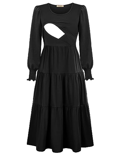 CzzzyL Womens Flutter Sleeve Nursing Dress for Breastfeeding with Pockets - color: Black-09, size: Medium