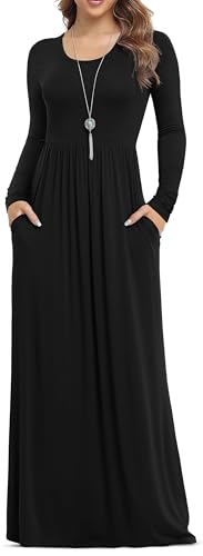 VIISHOW Women's Long Sleeve Loose Plain Maxi Dresses Casual Long Dresses with Pockets - color: 1-long Sleeve Black, size: Medium
