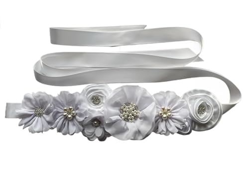 Wedding Bridal Floral Sash Belt Maternity Sash for Baby Shower - color: White