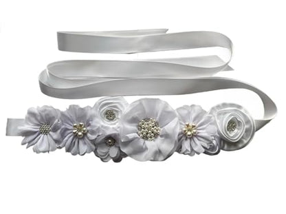Wedding Bridal Floral Sash Belt Maternity Sash for Baby Shower - color: White