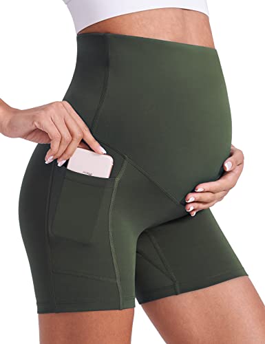 Enerful Maternity Biker Shorts with Pockets 8"/5" - color: Dark Green 5", size: Large
