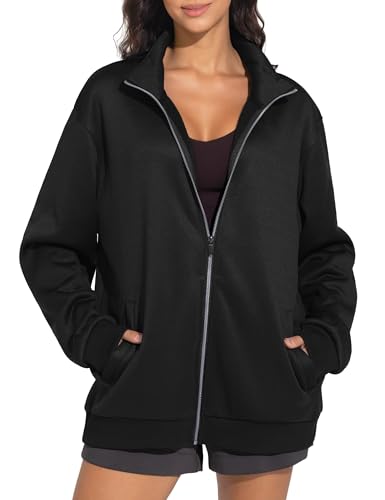 THE GYM PEOPLE Women's Oversized Zip Up Sweatshirts Fleece Mock Neck Jacket - color: Black, size: X-Large