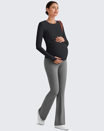 G4Free BareFeel Pregnancy Workout Tops Maternity Long Sleeve Shirts Ruches - color: Black, size: Small
