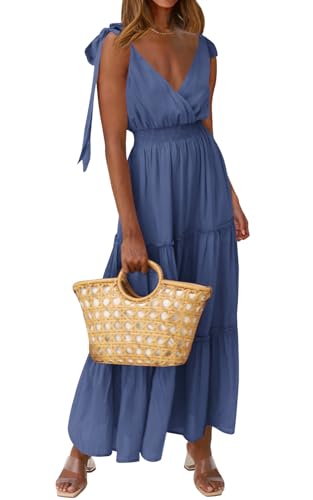 PRETTYGARDEN Women's Cross Neck Summer Sleeveless Tiered Maxi Dress Beach Tie Strap Smocked Long Dresses Pleated Sundress - color: Dark Blue, size: Large