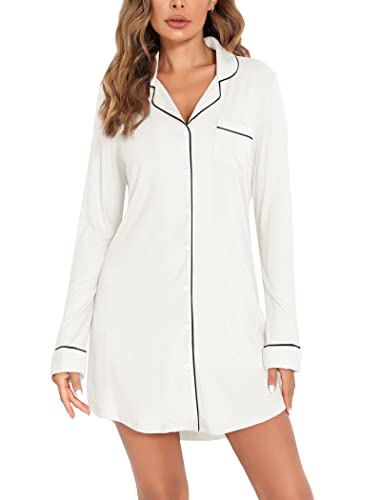 Samring Nightgowns for Women Long Sleeve Button Down Night Gown Sleepshirts - color: White, size: Large