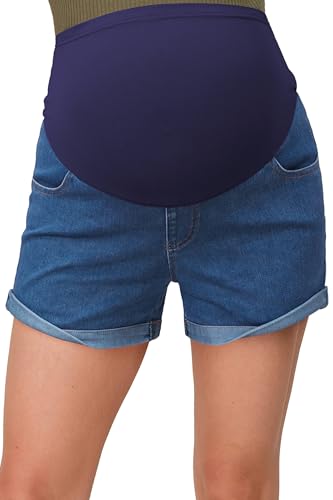 OUGES Womens Summer Maternity Denim Casual Pregnancy Shorts with Pockets - color: Medium Blue, size: Small
