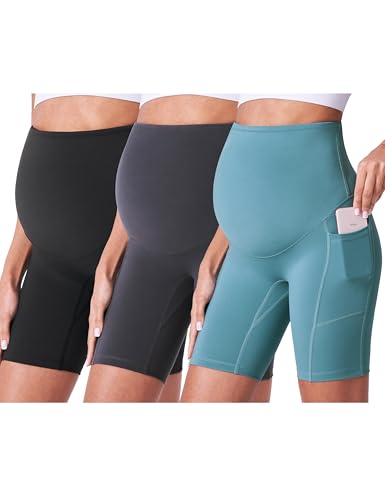 POSHDIVAH 3/4 Pack Maternity Biker Shorts Over The Belly with Pockets 5"/8" - color: Black/Grey/Blue 8", size: Large