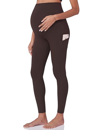 POSHDIVAH Maternity Workout Leggings Pregnancy Yoga Pants Pockets - color: Dark Brown, size: Small